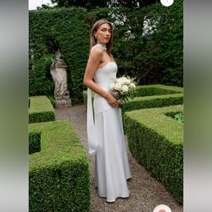 elliatt noralyn white strapless satin neck tie maxi gown bridal dress small NEW